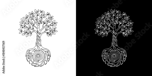 Intricate black and white vector illustration of a sacred tree of life, featuring swirling roots and blooming branches, symbolizing nature's power, growth, and spiritual connections