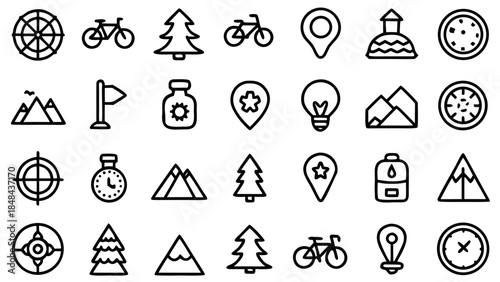 Illustration of various outdoor and travel icons including trees bicycles and navigational elements design 100