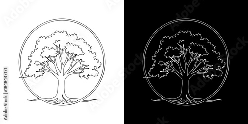 Graceful line art illustration of a vibrant tree with deep roots perfectly enclosed in a circle, symbolizing life, growth, environmental balance, and lasting strength