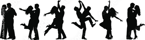 Set of six romantic couples dancing silhouettes showing various passionate poses, lifts, and embraces, vector illustration for romance and celebration.