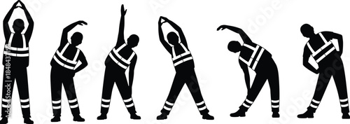 Silhouettes of workers in safety gear performing stretching exercises for injury prevention, occupational wellness, flexibility, and workplace health routine.