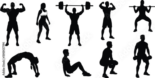 Set of strong bodybuilder and fitness silhouettes lifting weights and exercising, gym workout vector illustration isolated on white background for sport design.