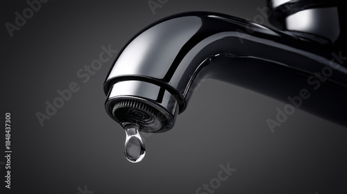 Sculptural black faucet revealing a pristine droplet against deep shadow