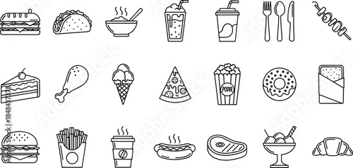 Minimalist Restaurant and Bistro Line Icons for Menus, Delivery Apps, and Modern Cafe Branding