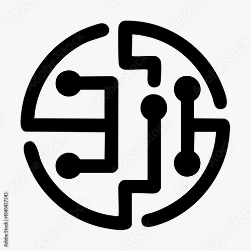 Circular circuit icon with abstract lines and connectors
