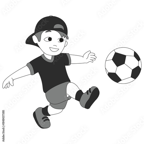 Cute Kid Playing Soccer Illustration in Minimal Cartoon Line Art Style