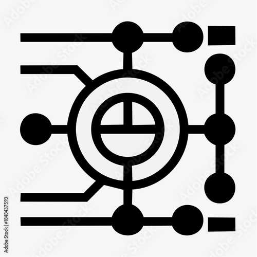 Abstract circuit board icon with central circle and connected nodes