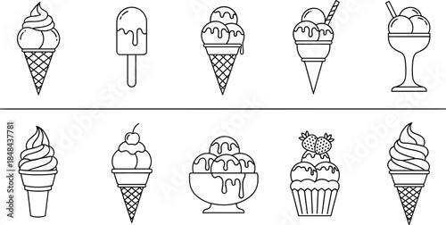 Minimalist Ice Cream and Dessert Line Icons for Summer Menus and Cafe Branding