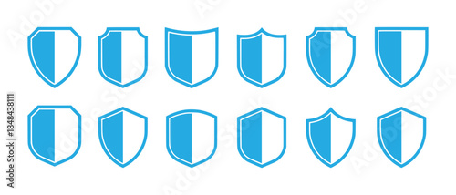 Diverse collection of blue shield icons for security and heraldry.