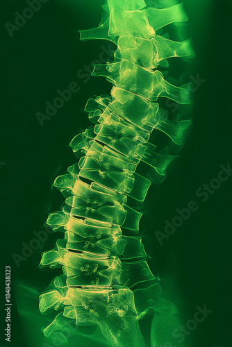 Luminous green body x-ray detailing human lumbar vertebrae segments