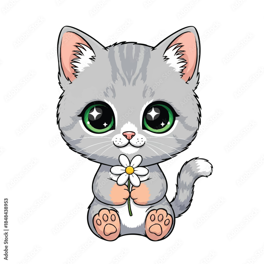 Obraz premium A cute cartoon gray cat with green eyes holds a white daisy flower against a clean white background, conveying a sweet and charming mood with a mix of soft pastel colors.