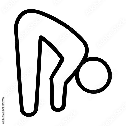 Outline style of a human figure performing a standing forward bend, commonly known as a toe touch or a "hand to toe" flexibility stretch. Related to physical therapy, fitness guides, or wellness apps