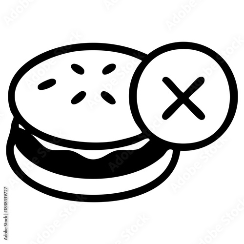 Outline of a burger with a restrictive "X" mark, signifying that burgers fast foods are prohibited or not recommended. Related to dietary restrictions, healthy eating campaigns, weight loss programs