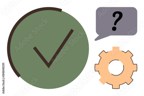 Large checkmark conveying success, speech bubble with question mark representing inquiry, gear signifying process. Ideal for problem-solving, decision-making, feedback, troubleshooting