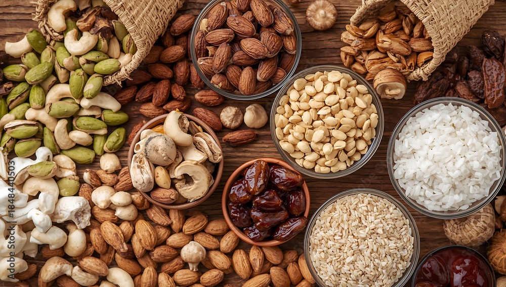 Naklejka premium Assortment of nuts and dried fruits in bowls on rustic wooden table, top view