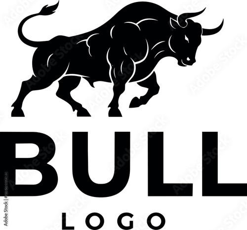 Powerful black bull silhouette logo with bold typography for sports team mascots fitness branding financial stock market strength and aggressive business identity concepts