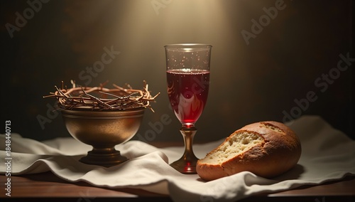 Easter symbols: crown of thorns, red wine glass, and bread on white cloth. Religious imagery with dramatic lighting.
