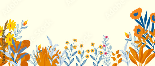Floral border with flowers, plants in summer field vector illustration. Botanical decoration, blossom in garden, nature isolated on white background.