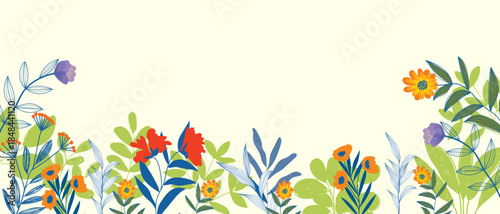 Floral border with flowers, plants in summer field vector illustration. Botanical decoration, blossom in garden, nature isolated on white background.