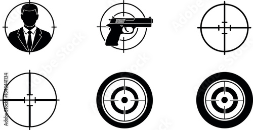 Set of black sniper target crosshair icons with gun and human silhouettes for shooting range training security tactical surveillance and military combat mission graphic elements