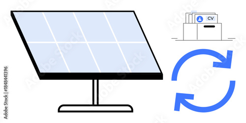 Renewable energy concept. Renewable energy illustrated with a solar panel and recycling symbol to promote sustainability. Renewable energy innovation for eco-friendly solutions, recycling