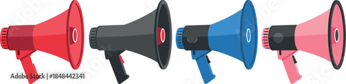 Set of four colorful megaphones in red black blue and pink for marketing promotions social media announcements protest communication and public speaking vector design elements