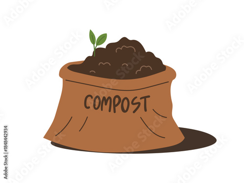 Compost bag with tiny sprout, compost fertilizer in sacks