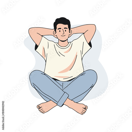 Relaxed man sitting cross legged with hands behind head flat vector illustration