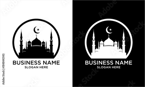 Elegant Mosque Silhouette Logo Design with Crescent Moon and Minarets.