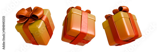 3D Illustration of golden orange gift boxes with red-orange ribbon and metallic bow in transparent background