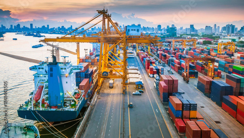 Cargo ship loading and unloading at a busy commercial port at sunset © primeimages