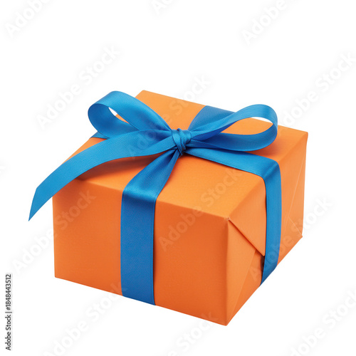 Orange gift box with blue ribbon isolated on transparent background
