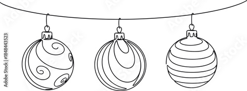 Continuous one line drawing of three Christmas bauble ornaments hanging on a string for minimalist holiday greeting cards modern winter festive decor and simple elegant seasonal graphic design
