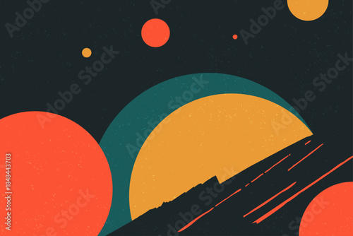 Abstract Cosmic Landscape Background with Planets and Retro Shapes