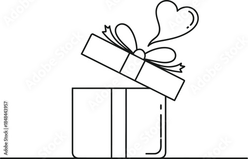 Open gift box with ribbon bow and heart icon simple line art vector icon design