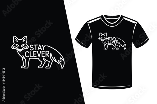 Black t-shirt with white fox and stay clever text graphic vector illustration