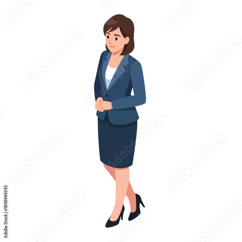 Young businesswoman in a suit standing isolated on a white background smiling confidently as a professional corporate worker