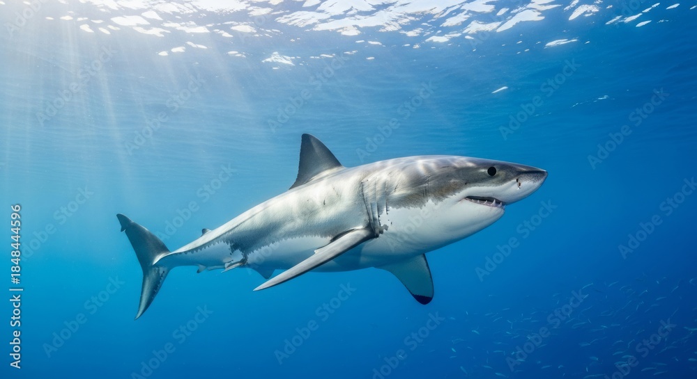 Naklejka premium Great white shark swimming powerfully through deep blue ocean waters, showing its iconic body shape and sharp teeth. A top marine predator symbolizing strength and ocean wildlife.