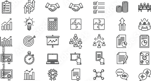 Comprehensive set of black outline icons for business management financial growth teamwork and professional workflow development for corporate branding and UI/UX design elements