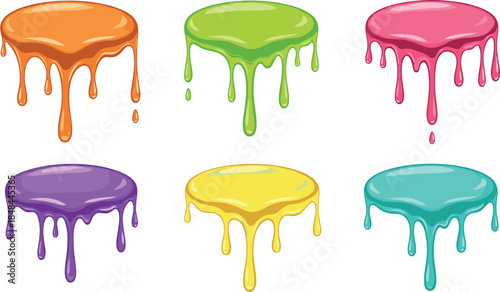 Set of colorful dripping slime or melting paint puddles in vibrant orange green pink purple yellow and turquoise for creative urban art and messy texture graphic elements