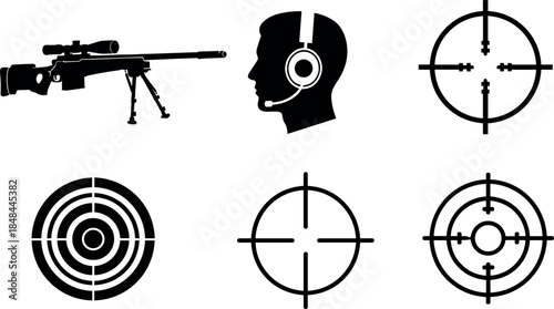 Set of black tactical icons featuring a sniper rifle with bipod human head with headset and various target crosshair reticle designs for shooting sports gaming and military-themed graphic elements