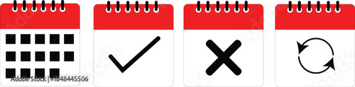 calendar icon set with checkmark cross and refresh symbol for scheduling appointment booking system isolated on white background.