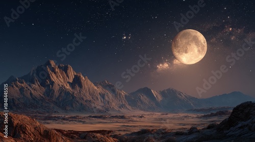 Night's Celestial Embrace: A serene mountainscape is bathed in the ethereal glow of a full moon, with countless stars twinkling across the night sky, evoking feelings of awe and serenity.