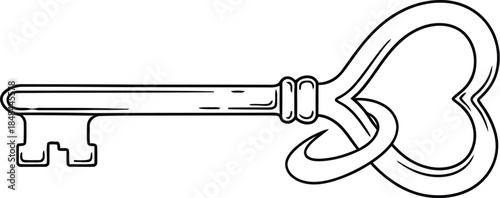 Vintage heart key outline drawing antique skeleton key love access secret treasure unlock symbol icon