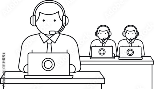 Minimalist black outline illustration of customer service representatives wearing headsets and working on laptops for call center support and telemarketing graphic design
