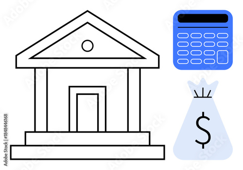Bank building outline, blue calculator, and currency bag icon representing banking, accounting, loans, financial planning, savings, investment and business finance. Ideal for financial services
