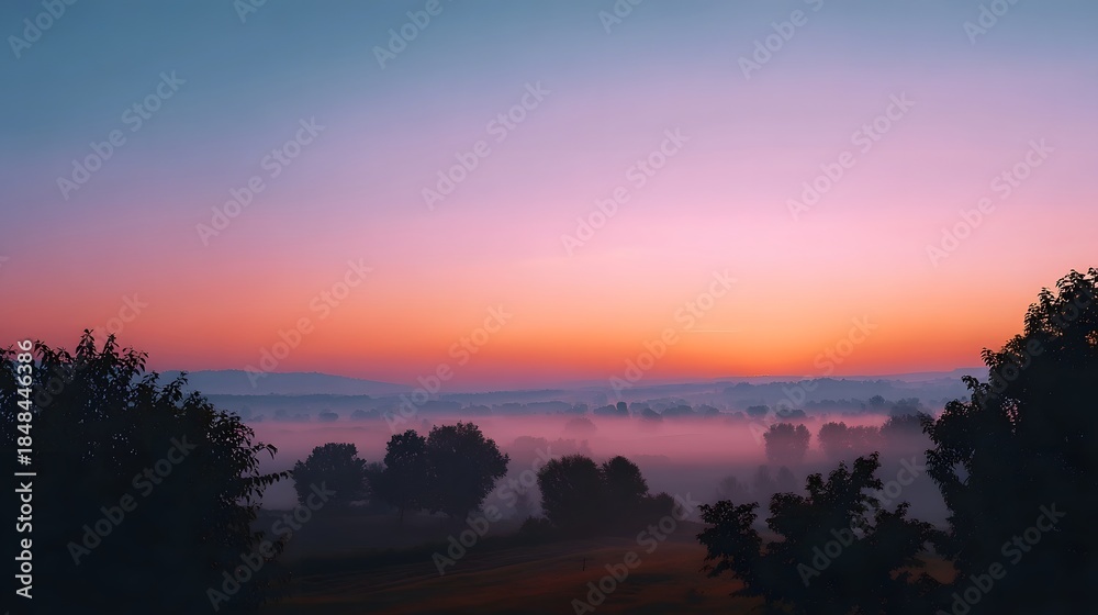 Obraz premium Peaceful sunrise over a misty valley with trees silhouetted against a vibrant gradient sky