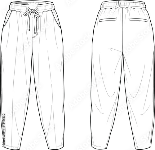 Women elastic waist jogger pants technical design, front and back view, drawstring casual trousers, relaxed fit garment, apparel template, fashion flats, cad drawing flat vector illustration