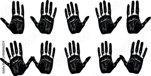 Set of ten black human handprint silhouettes with detailed skin texture for forensic investigation identity concepts and creative artistic palm print graphic design