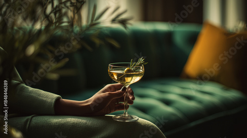 elegant cocktail lifestyle, cozy evening drink, martini in modern lounge
